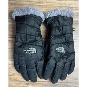 The North Face Winter Gloves Medium Black Grey Faux Fur Embroidered Logo Girl’s